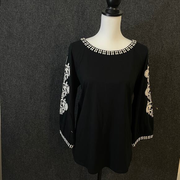Pure Jill Embroidered Top Black White Organic Cotton Tunic Women’s M - Picture 1 of 9